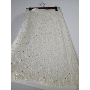 Lavish Elegant Ivory‎ Lace Overlay Sequined A-Line Midi Skirt Women's M